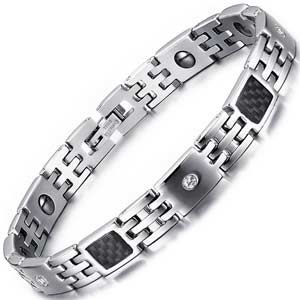 Magnetic Men Stainless Steel Bracelet Black Carbon with CZ Stone Inlay Hematite Therapy 8.5" Adjustable
